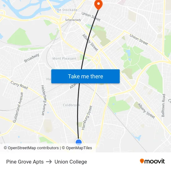 Pine Grove Apts to Union College map