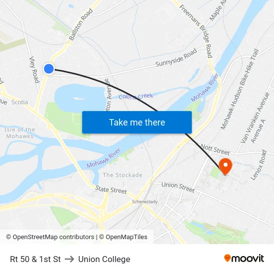 Rt 50 & 1st St to Union College map