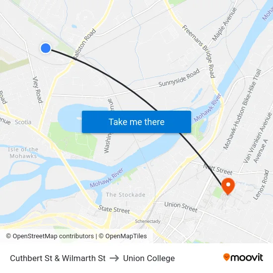 Cuthbert St & Wilmarth St to Union College map