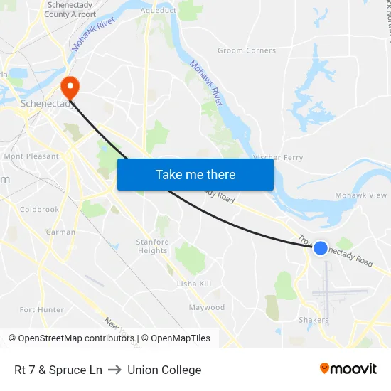 Rt 7 & Spruce Ln to Union College map