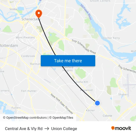 Central Ave & Vly Rd to Union College map