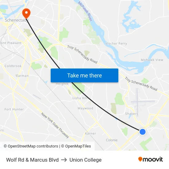 Wolf Rd & Marcus Blvd to Union College map