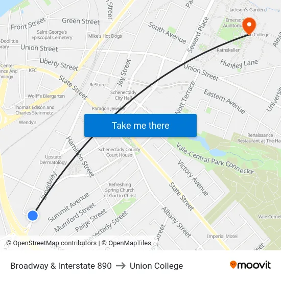 Broadway & Interstate 890 to Union College map