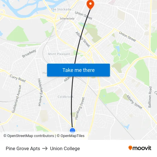 Pine Grove Apts to Union College map