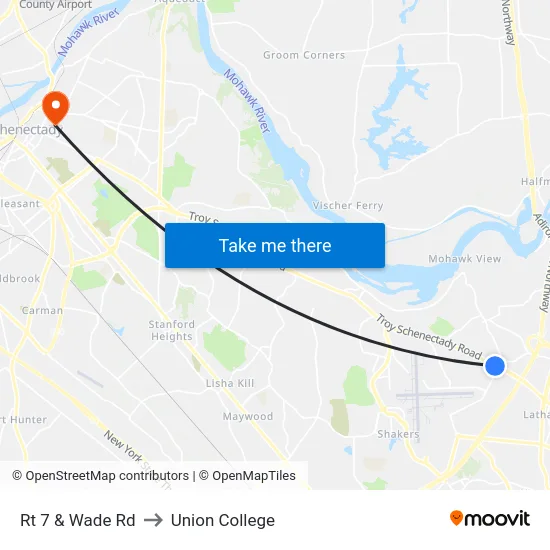 Rt 7 & Wade Rd to Union College map