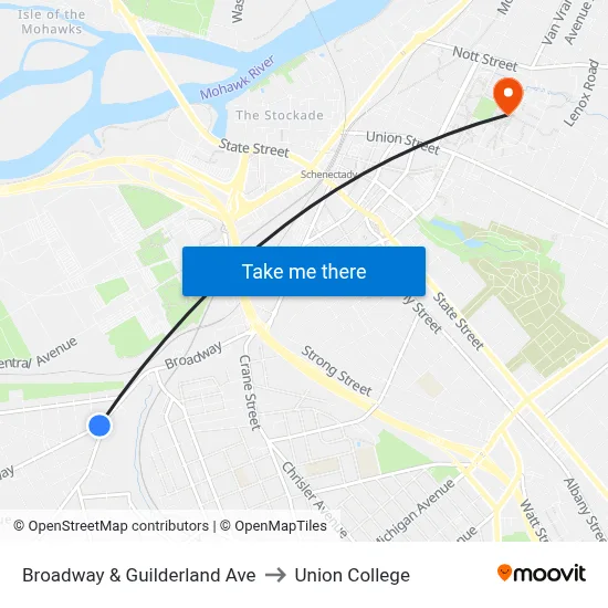 Broadway & Guilderland Ave to Union College map