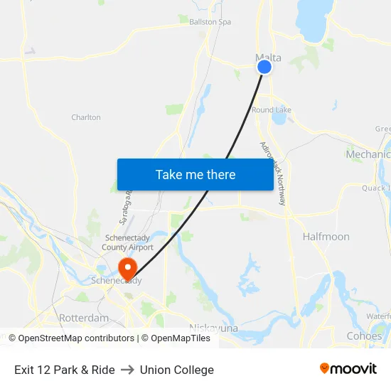 Exit 12 Park & Ride to Union College map