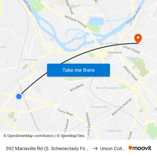 592 Mariaville Rd (S. Schenectady Fire Dept.) to Union College map