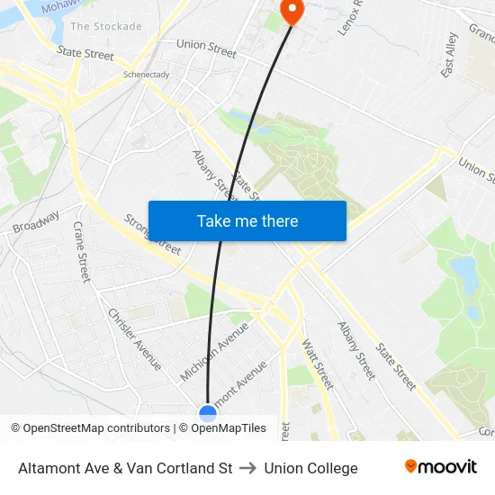 Altamont Ave & Van Cortland St to Union College map