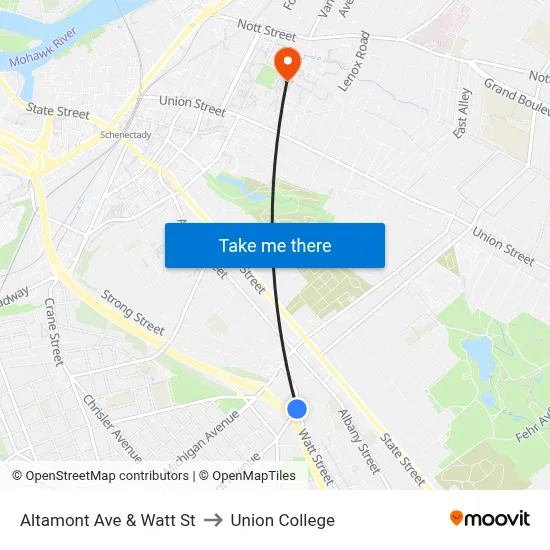 Altamont Ave & Watt St to Union College map