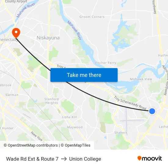 Wade Rd Ext & Route 7 to Union College map