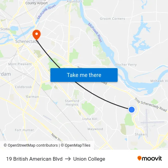 19 British American Blvd to Union College map