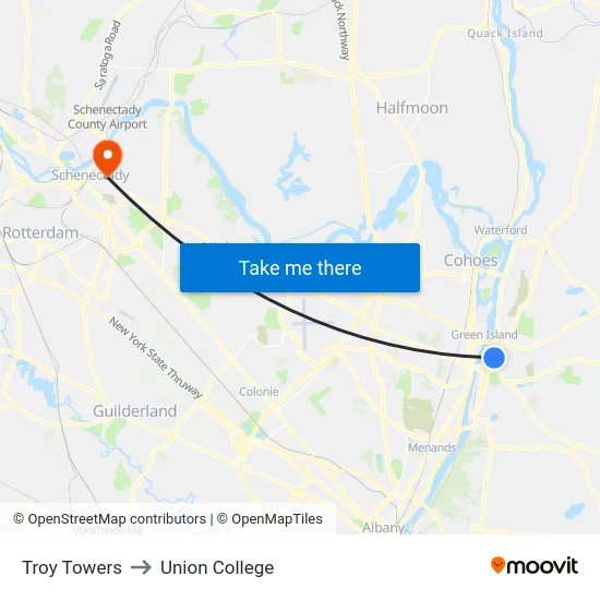 Troy Towers to Union College map