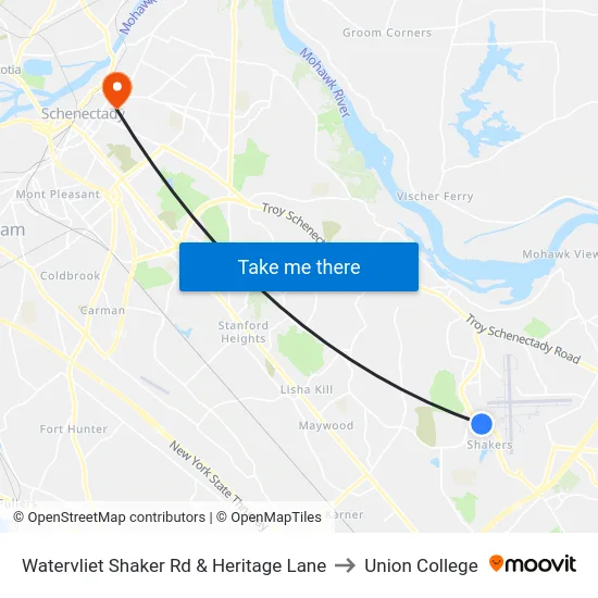 Watervliet Shaker Rd & Heritage Lane to Union College map