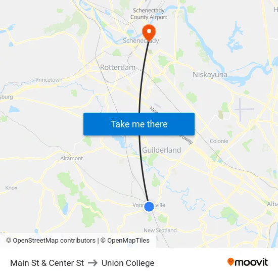 Main St & Center St to Union College map