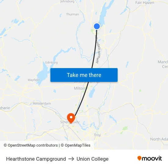 Hearthstone Campground to Union College map