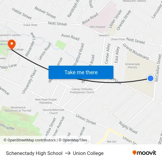 Schenectady High School to Union College map