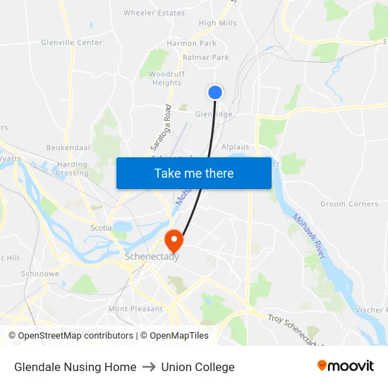 Glendale Nusing Home to Union College map