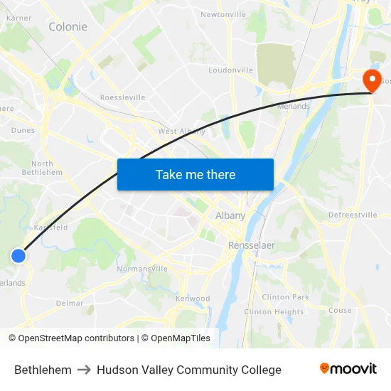 Bethlehem to Hudson Valley Community College map