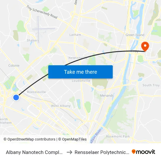 Albany Nanotech Complex Station to Rensselaer Polytechnic Institute map