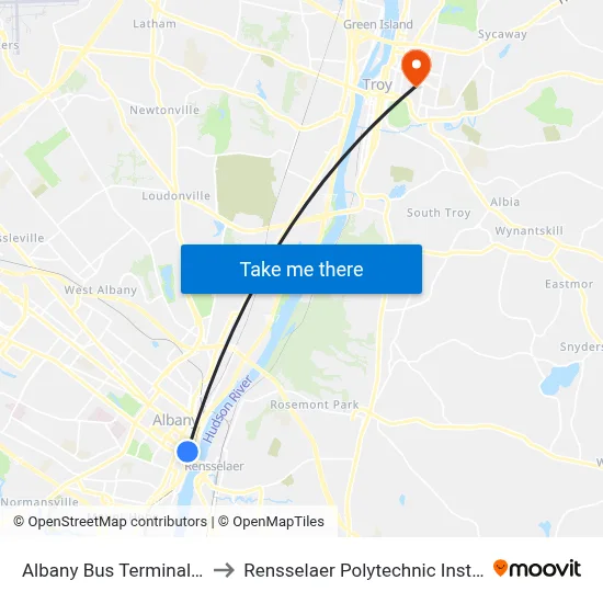 Albany Bus Terminal, NY to Rensselaer Polytechnic Institute map
