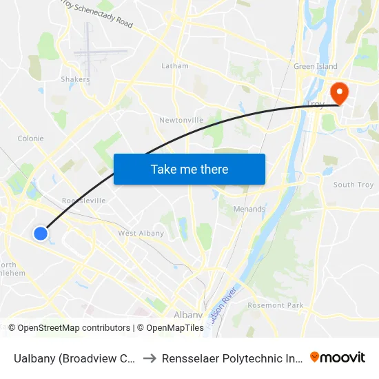 Ualbany (Broadview Center) to Rensselaer Polytechnic Institute map