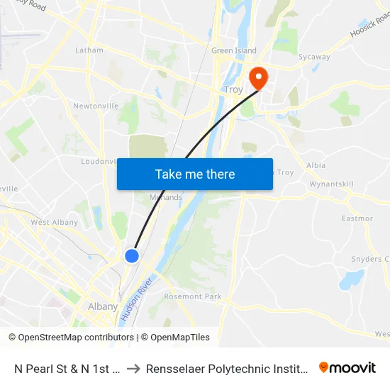 N Pearl St & N 1st St to Rensselaer Polytechnic Institute map
