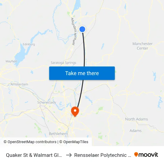 Quaker St & Walmart Glens Falls to Rensselaer Polytechnic Institute map