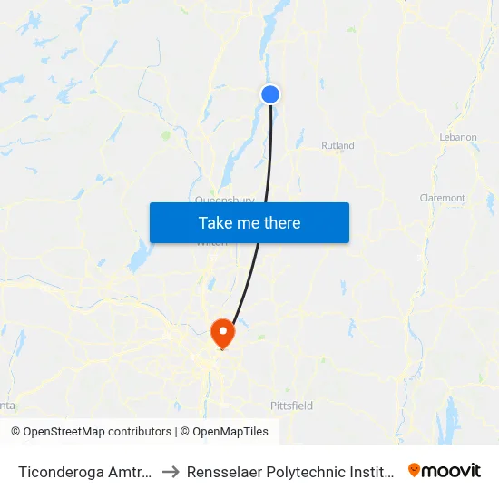 Ticonderoga Amtrak to Rensselaer Polytechnic Institute map