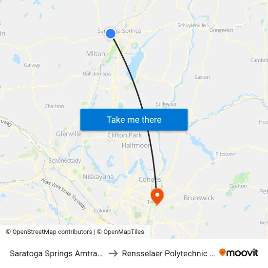 Saratoga Springs Amtrak Station to Rensselaer Polytechnic Institute map