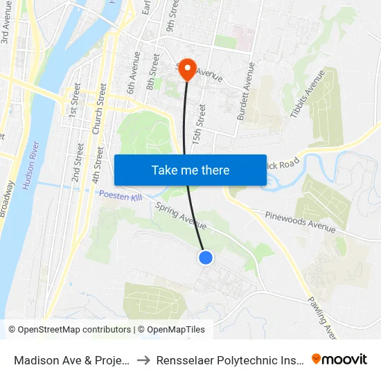 Madison Ave & Project St to Rensselaer Polytechnic Institute map