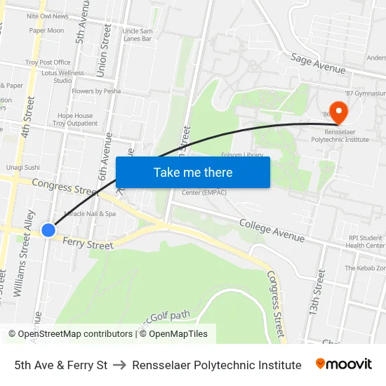 5th Ave & Ferry St to Rensselaer Polytechnic Institute map