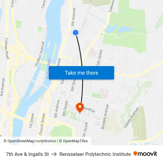 7th Ave & Ingalls St to Rensselaer Polytechnic Institute map