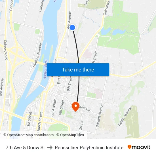 7th Ave & Douw St to Rensselaer Polytechnic Institute map