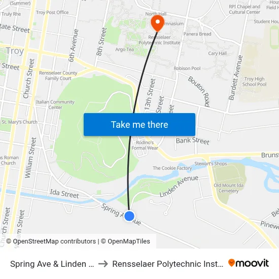 Spring Ave & Linden Ave to Rensselaer Polytechnic Institute map