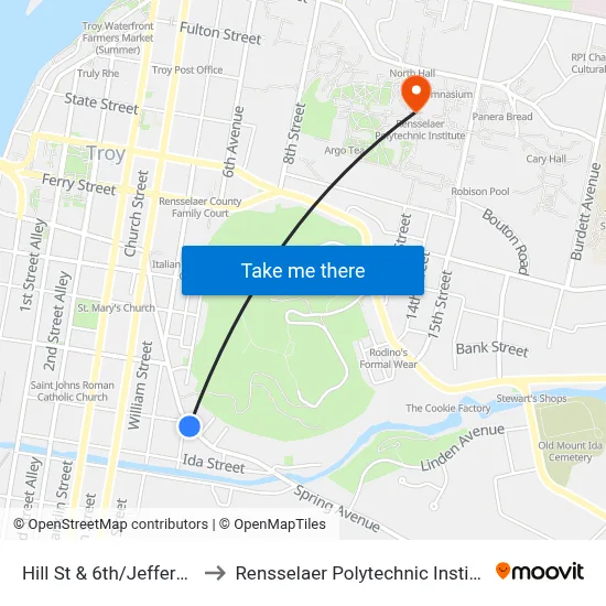 Hill St & 6th/Jefferson to Rensselaer Polytechnic Institute map