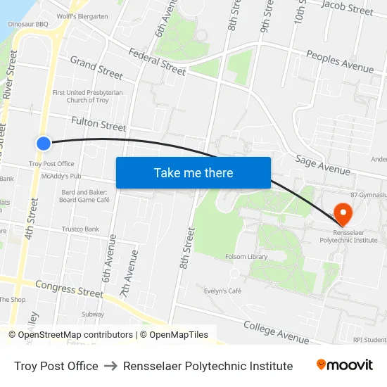 Troy Post Office to Rensselaer Polytechnic Institute map
