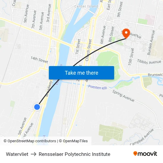 Watervliet to Rensselaer Polytechnic Institute map