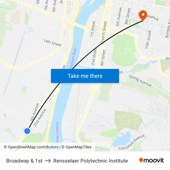 Broadway & 1st to Rensselaer Polytechnic Institute map