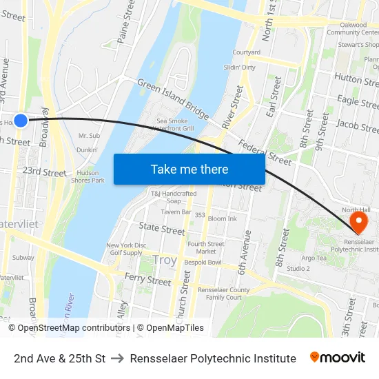 2nd Ave & 25th St to Rensselaer Polytechnic Institute map