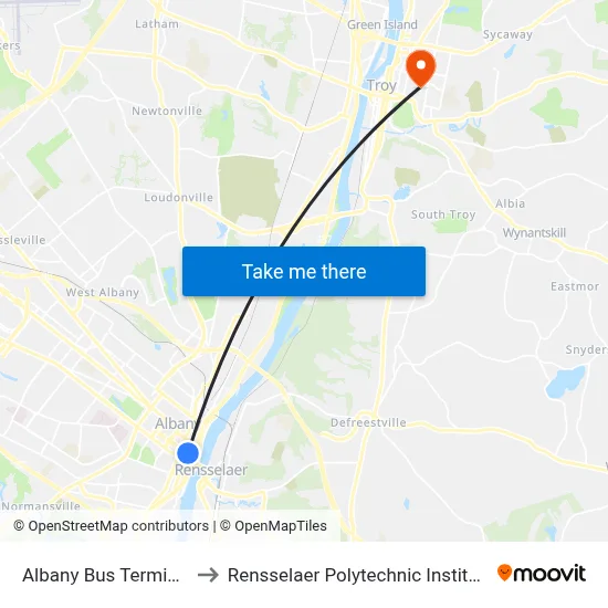 Albany Bus Terminal to Rensselaer Polytechnic Institute map