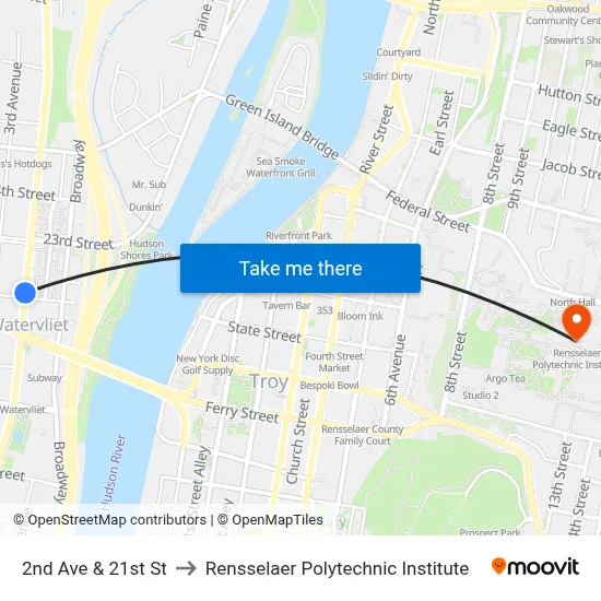 2nd Ave & 21st St to Rensselaer Polytechnic Institute map