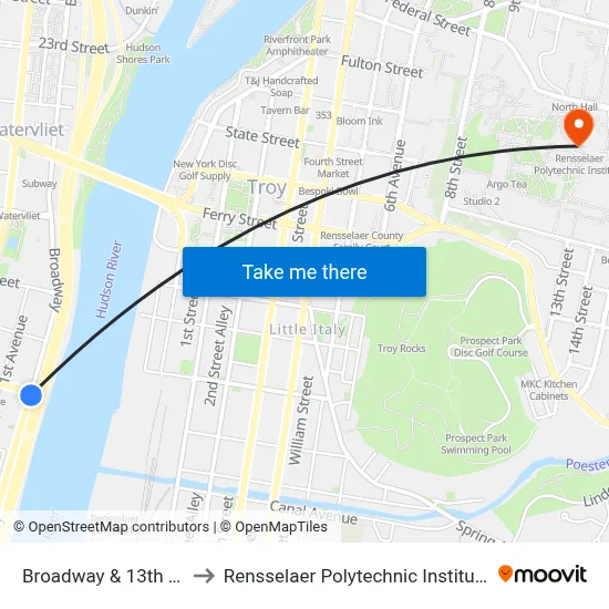 Broadway & 13th St to Rensselaer Polytechnic Institute map