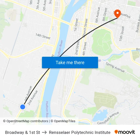 Broadway & 1st St to Rensselaer Polytechnic Institute map