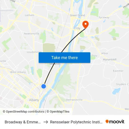 Broadway & Emmet St to Rensselaer Polytechnic Institute map