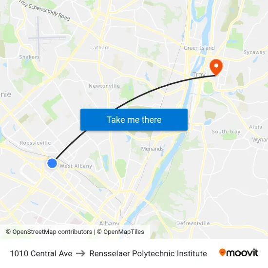 1010 Central Ave to Rensselaer Polytechnic Institute map
