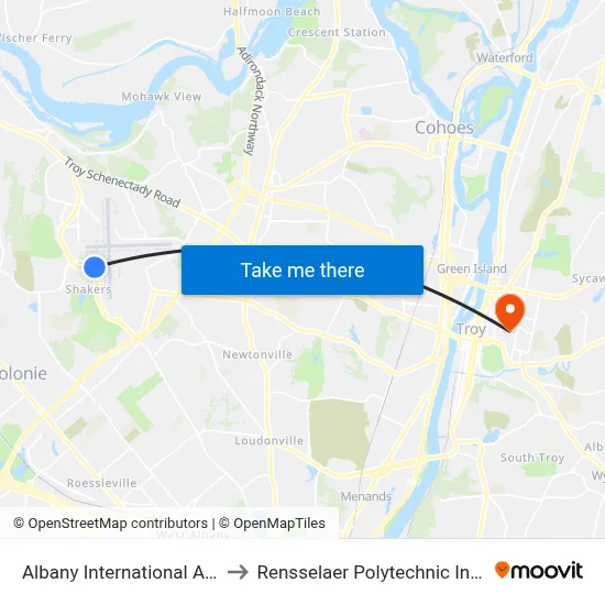 Albany International Airport to Rensselaer Polytechnic Institute map