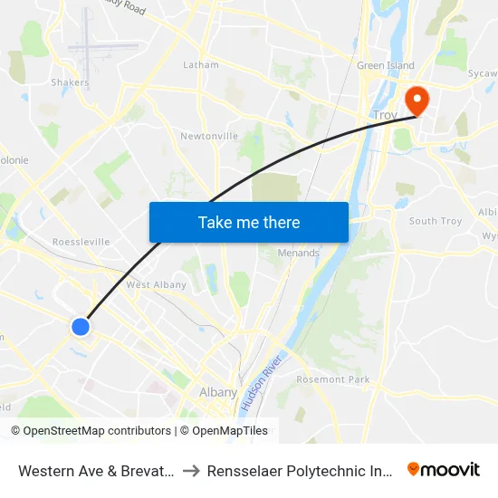 Western Ave & Brevator St to Rensselaer Polytechnic Institute map
