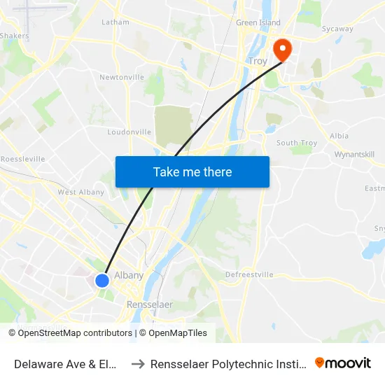 Delaware Ave & Elm St to Rensselaer Polytechnic Institute map
