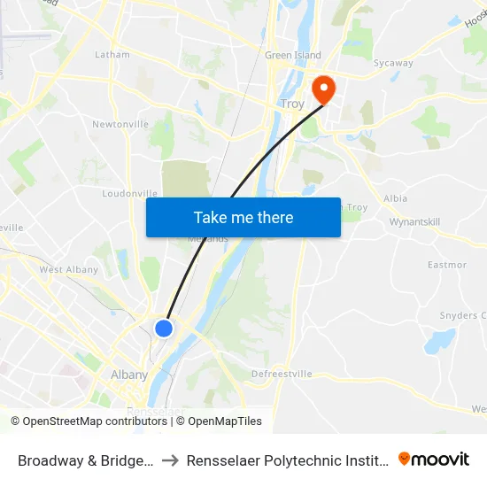 Broadway & Bridge St to Rensselaer Polytechnic Institute map